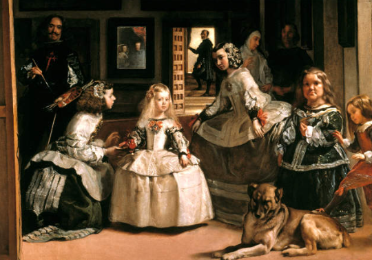 Diego Velázquez, Las Meninas, royal family and painter in a large room.